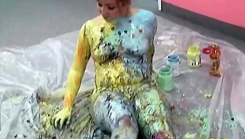 Blonde Drizzles Paint On Naked Body